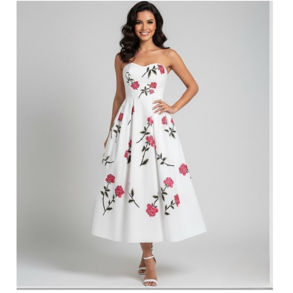 A-Line Floral Rose Printed Strapless Dress With Pockets White - Picture 1 of 9